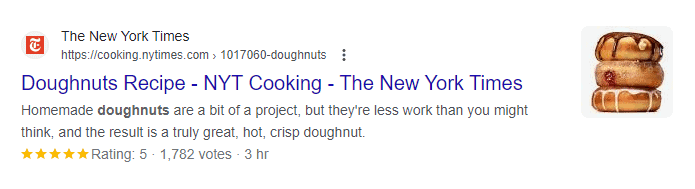 A rich result when searching about Dounts will showing ratings, preparation timings, and votes given by other users