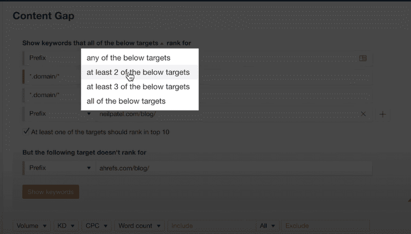 Filtering your target using Ahrefs to do a gap analysis