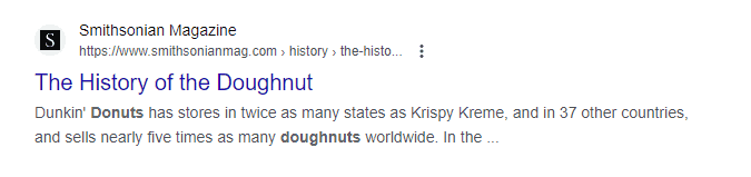 A standard search result when searching about Dounts in the SERP giving basic information such as a title, URL, and meta description.png