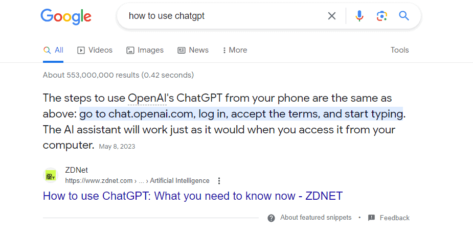  A text in the SERP about how to use chat gpt shows as Futured Snippet