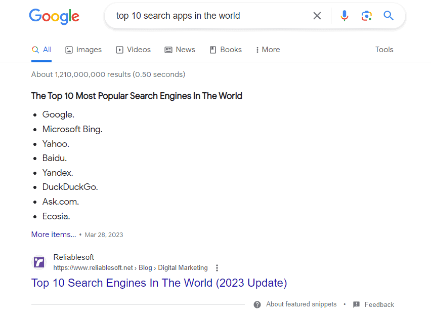 Bulleted list format about the best 10 search apps in the world show as Featured Snippet .png