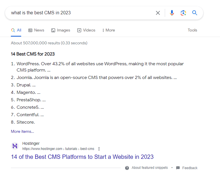 Content gives a direct and clear answer about the best CMS for 2023 show as a Futured Snippet
