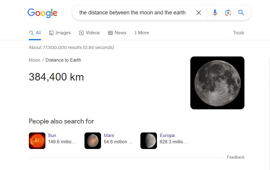 Knowledge Graph about the distance between the earth and the moon shows in the SERP as Rich result