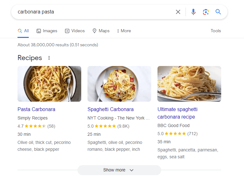 Recipe and reviews in the SERP are Rich Results.png