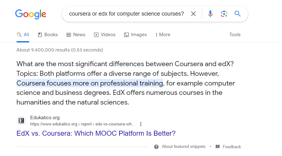 The user's search intent is Commercial, Comparing between computer science coursers from Coursera and edx.png
