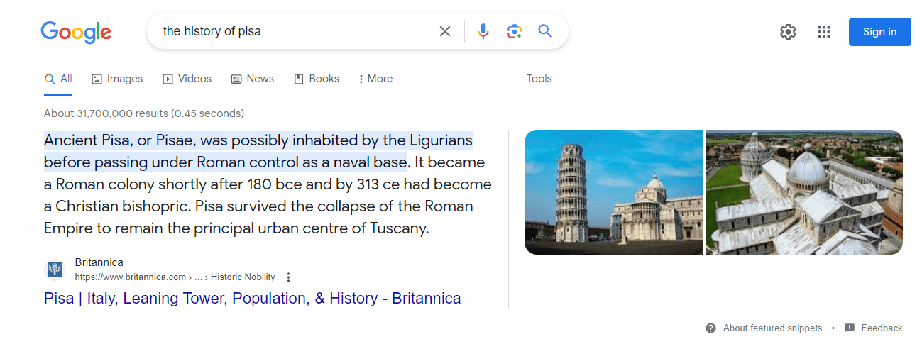 The user's search intent is informational, searching for information about the history of Pisa tower