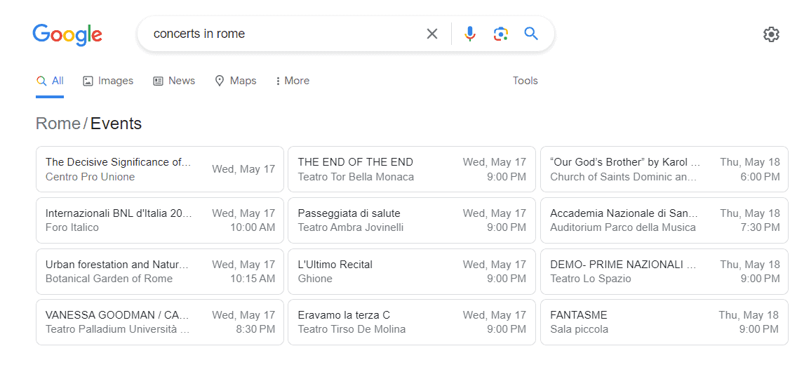 When searching for concerts in Rome, the SERP displayed the event's name, date, location, and a link to buy tickets, events is type of Rich Result