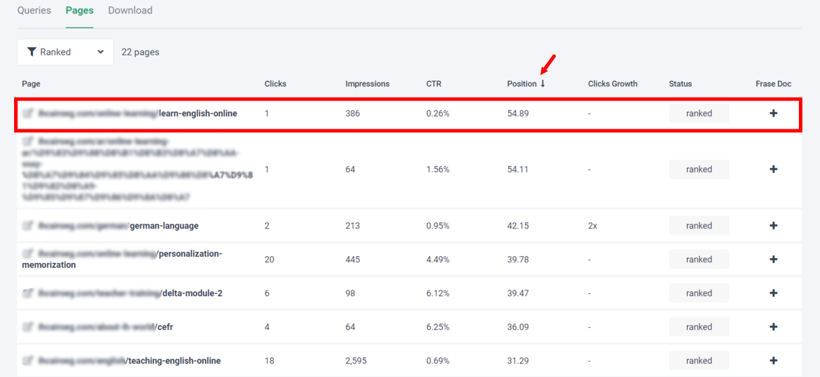 how to audit your content shown in a screenshot from Frase.io<br />
