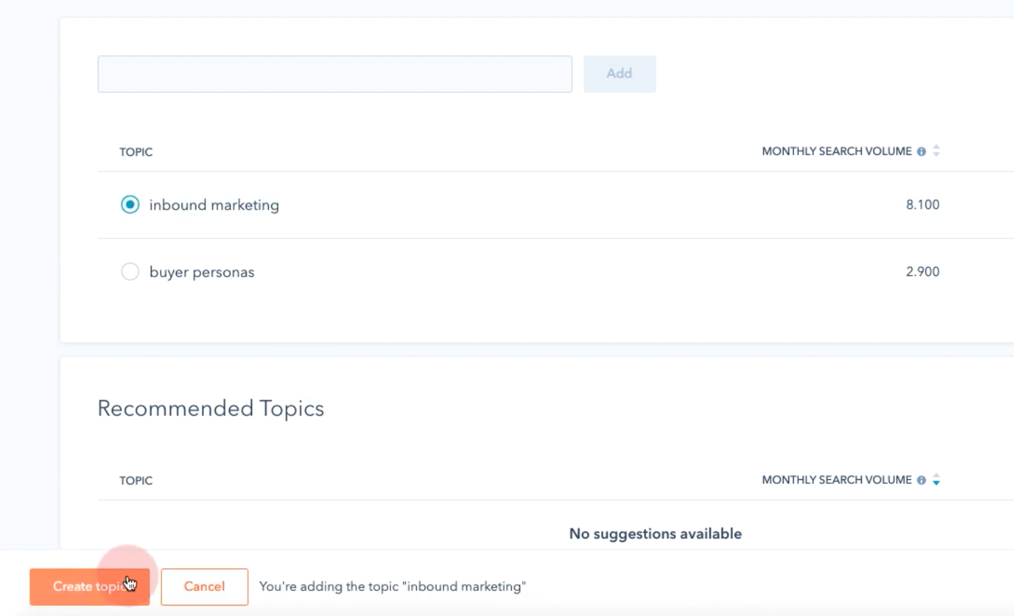 A screenshot showing how Hubspot displays metrics for different keywords and how to choose one 