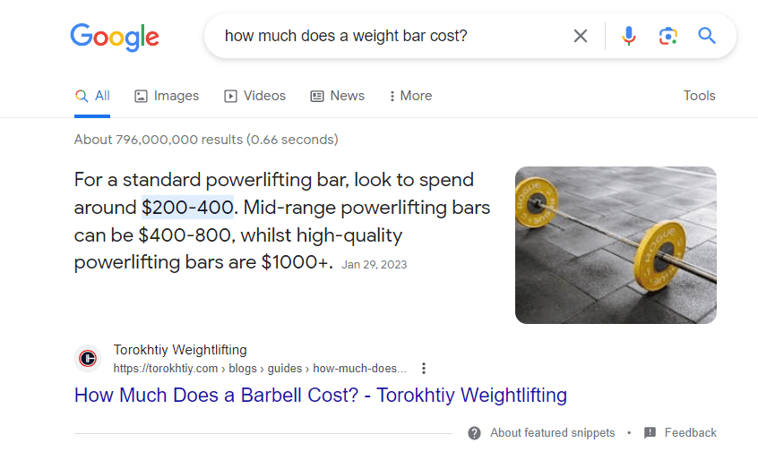 A quick answer to a question about how much a weight bar cost shows as a Futured Snippet