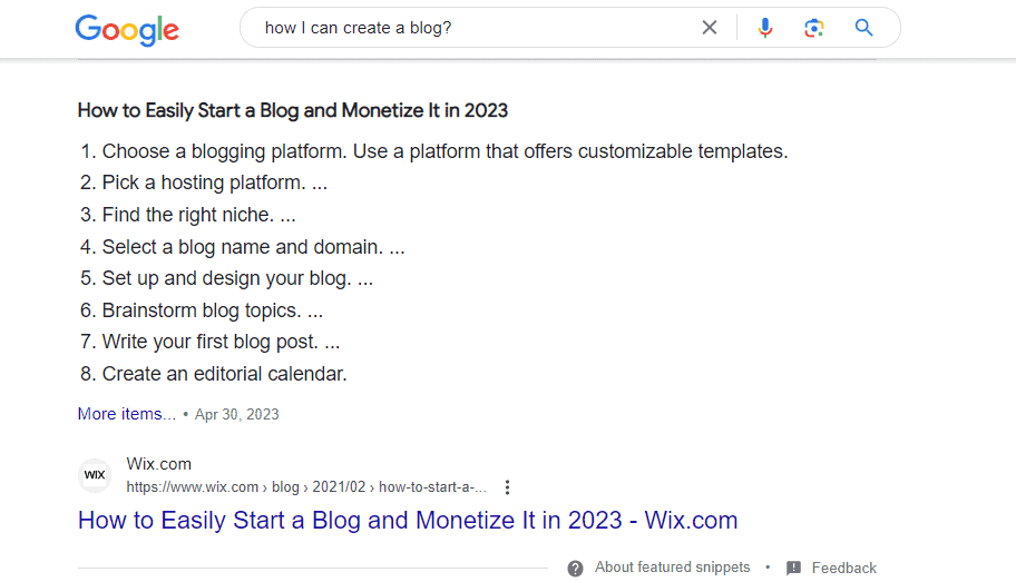 The result displays 8 steps in a numbered list format to a question about how to create & monetize a blog, and it shows as a Featured Snippet.