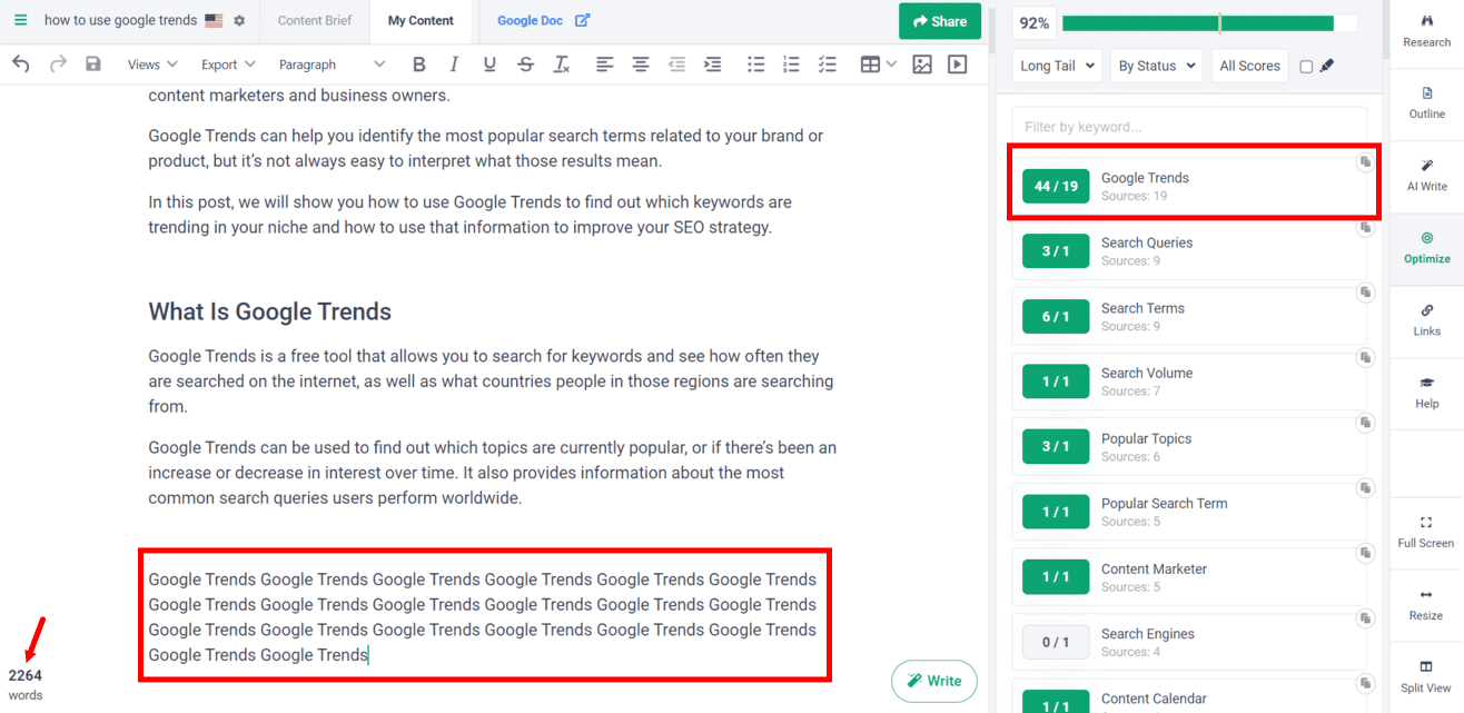  red tiles showing means that your Topic Score is penalized for high keyword density.