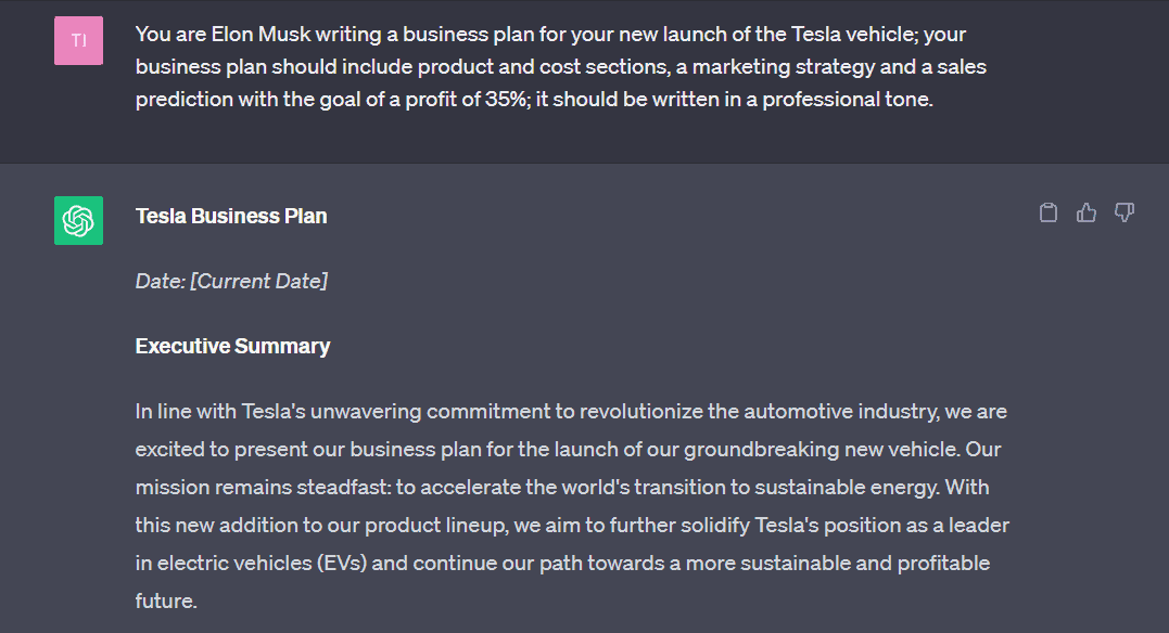 Full ChatGPT prompt for business plan