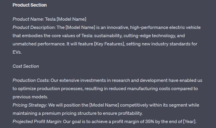 Full ChatGPT prompt for business plan -product section