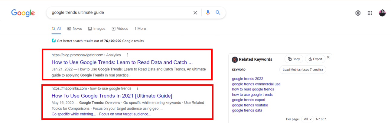 google search shows the results for google trends guide 
