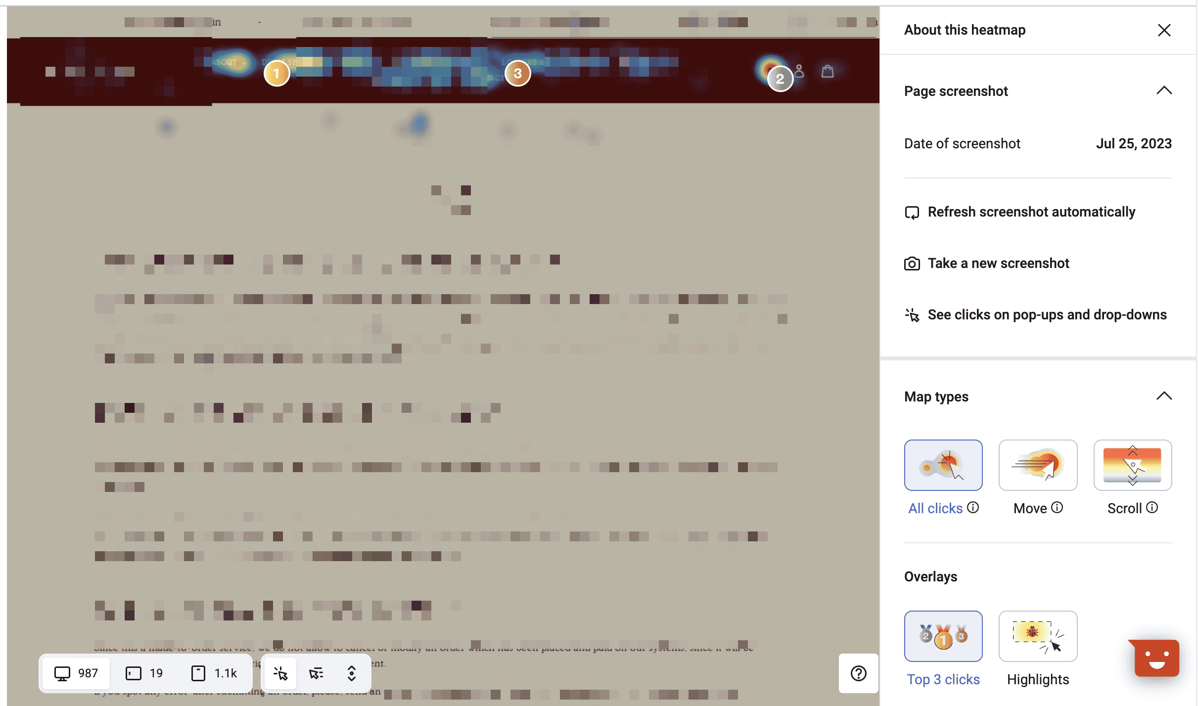 Hotjar heatmap with clicks
