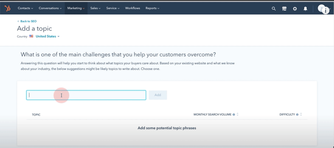 A gif showing how to brainstorm ideas for core topics on Hubspot 