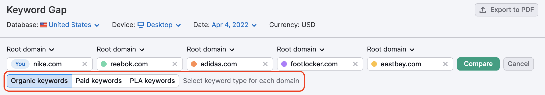 Showing the option of selecting " keyword type for each domain," using SEMrush 