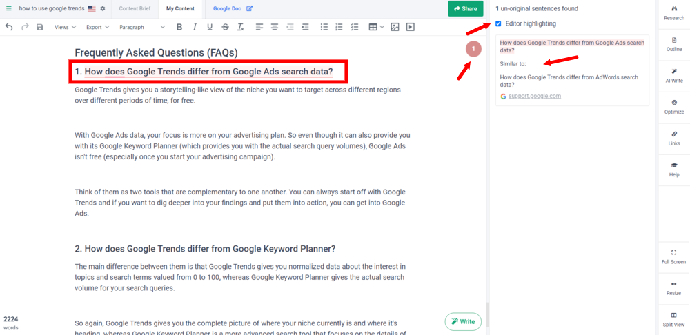 illustrating how Frase.io's originality score works in a screenshot 