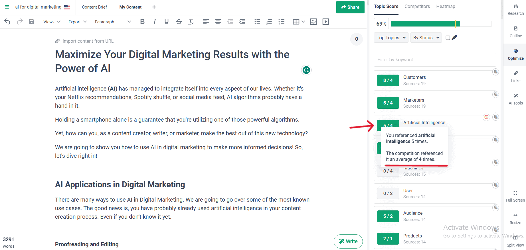green tiles shows that you've covered the topic your competitors covered and at a good frequency.