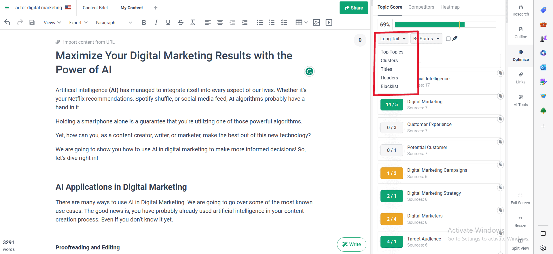 a box marked in a screenshot to show how to access the topics sorted by types 