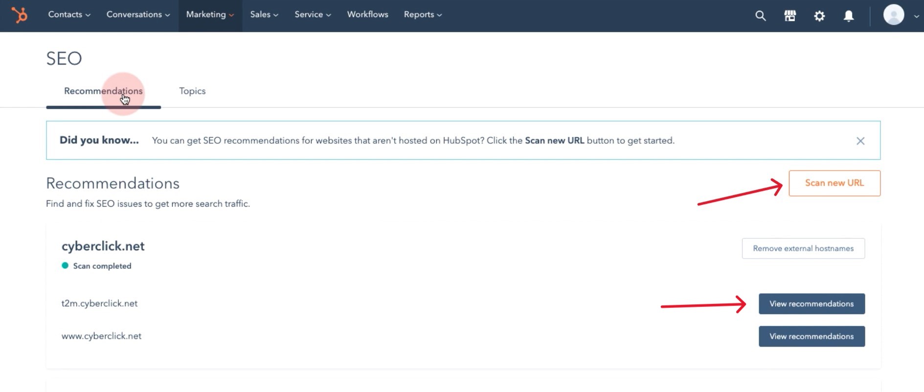 A screenshot showing how to access the recommendations section on Hubspot and how to scan your website using it