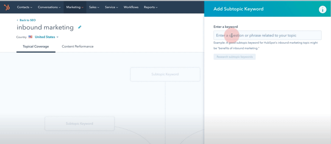 A gif showing Hubspot's suggestions for subtopics