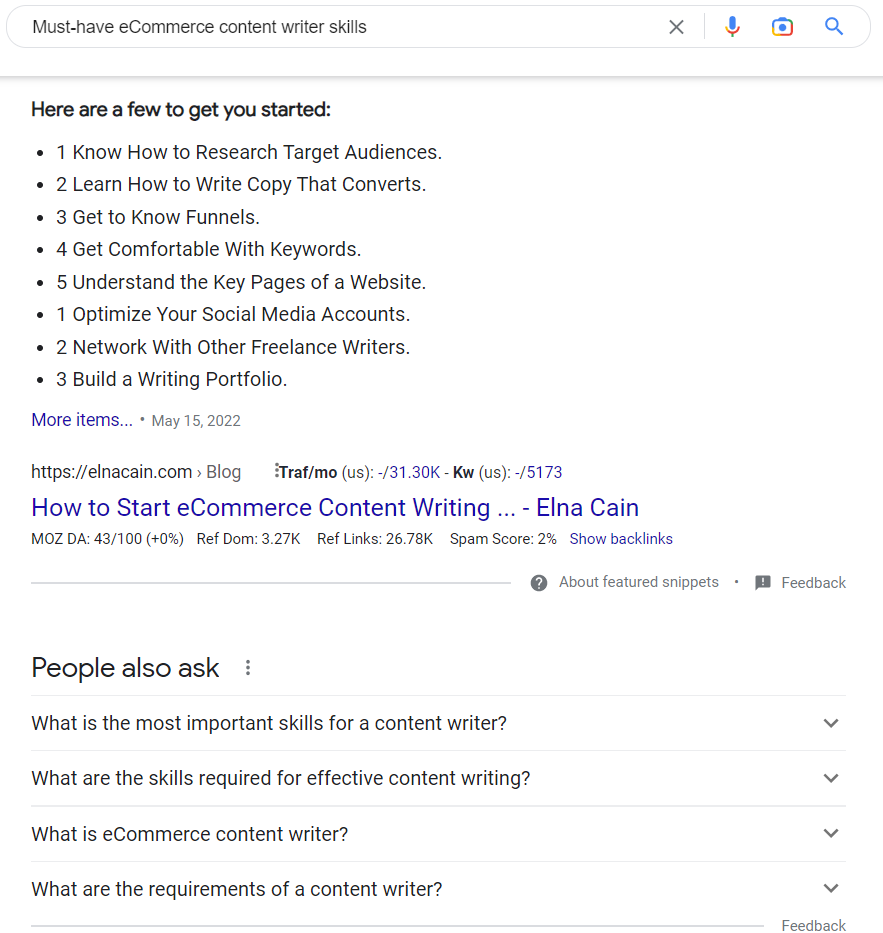 A screenshot of how to use Google search results to curate content