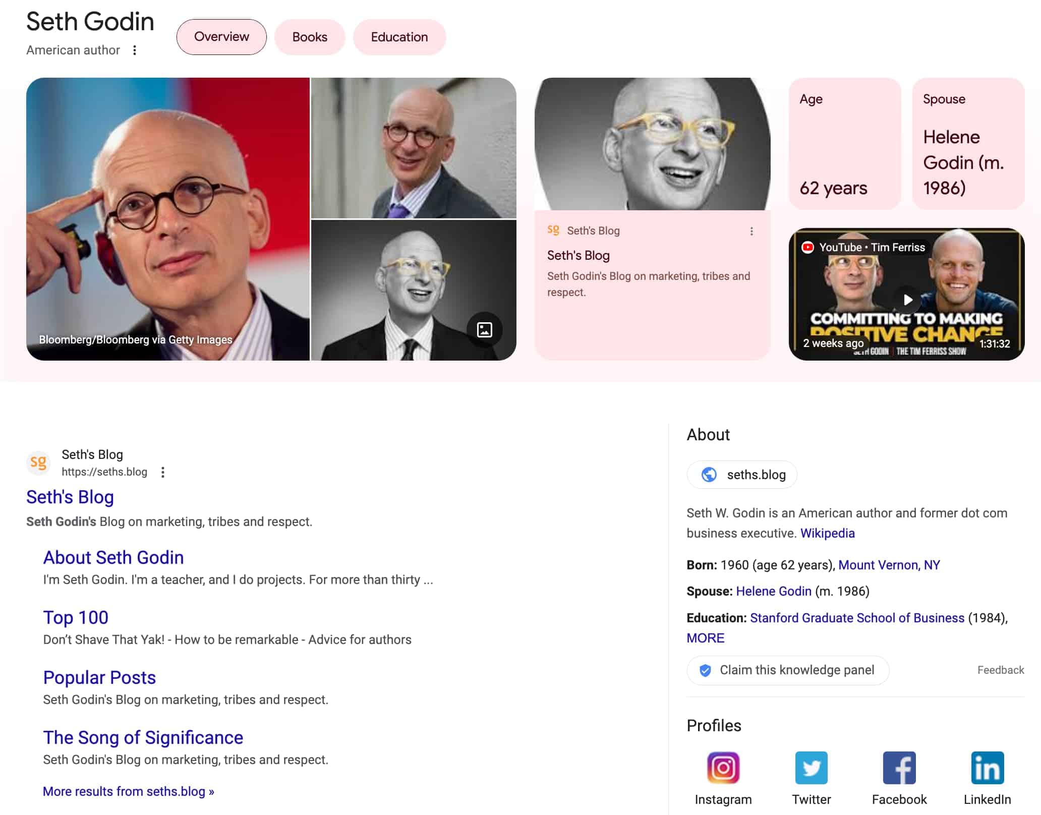 Searching for Seth Godin displaying multiple data from knowledge graph and other rich result types 