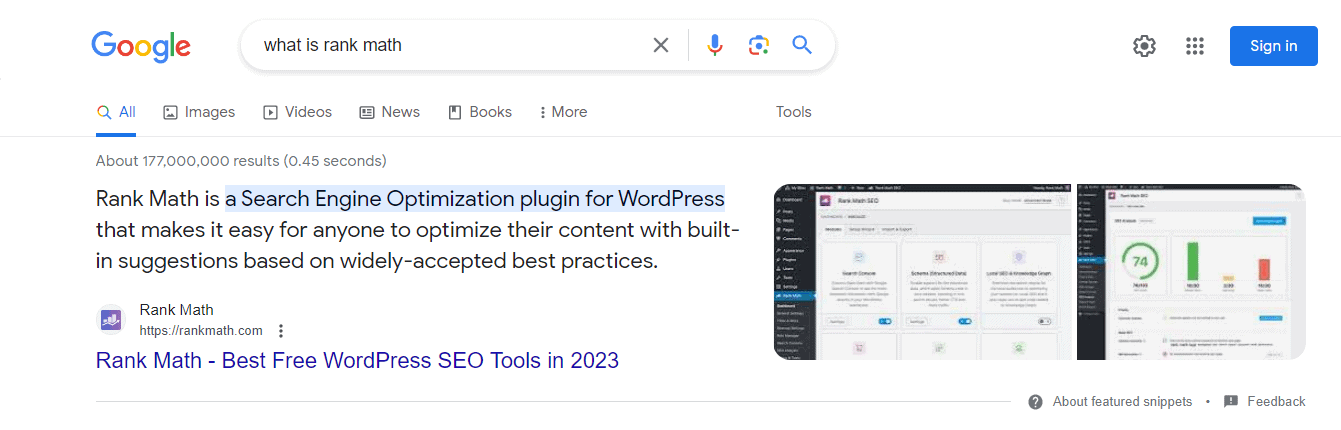 Short answer explain the user's question about what is rank math show as a Featured Snippet in SERP