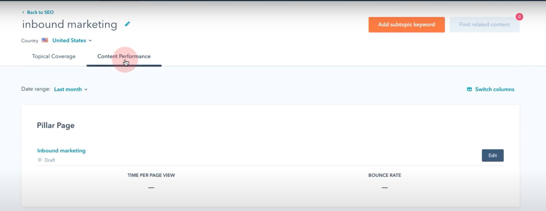 A screenshot showing how to access the content performance tool on Hubspot 