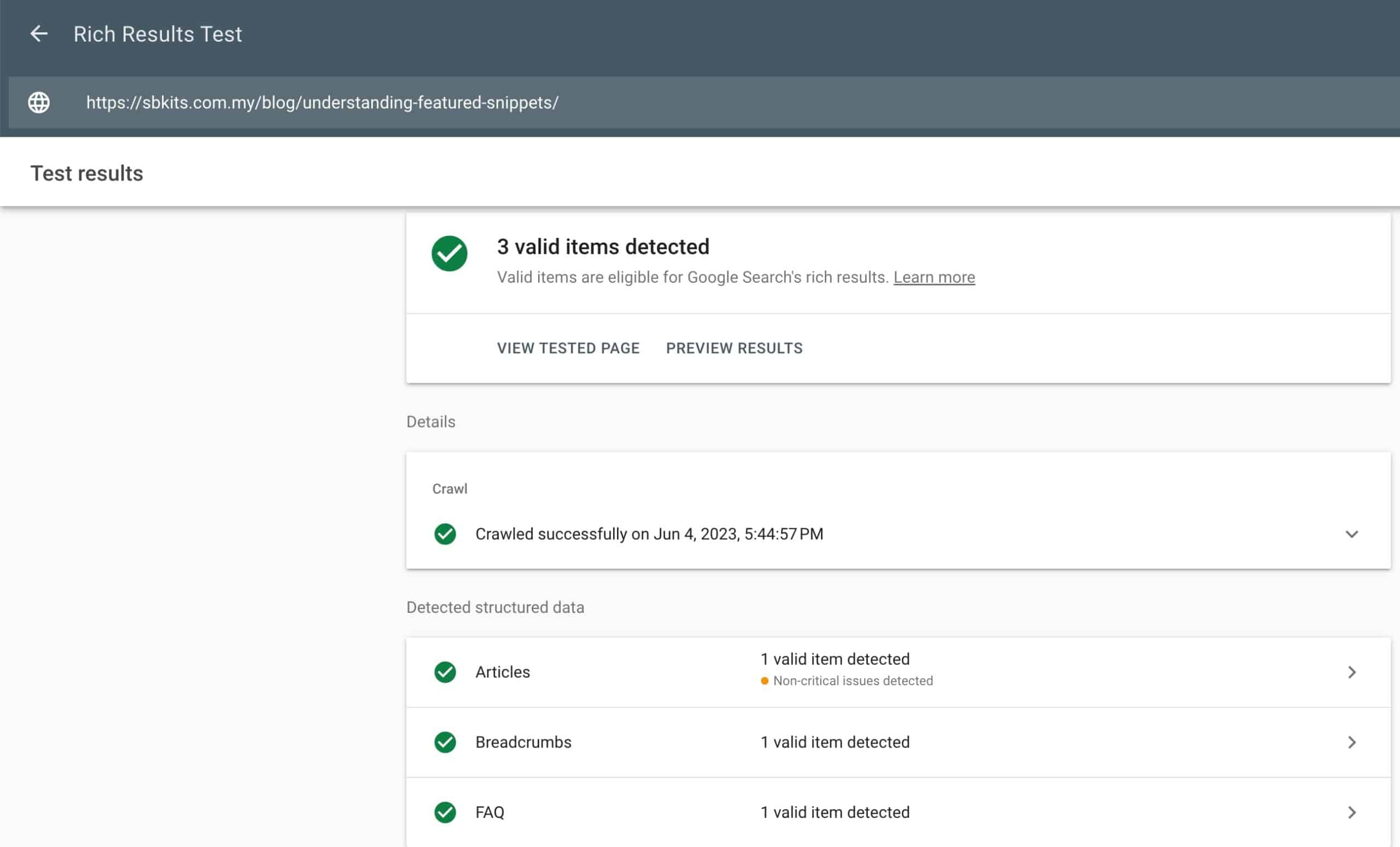 The Rich Results Testing page displays that valid items in the article are eligible for Google Search's rich results.