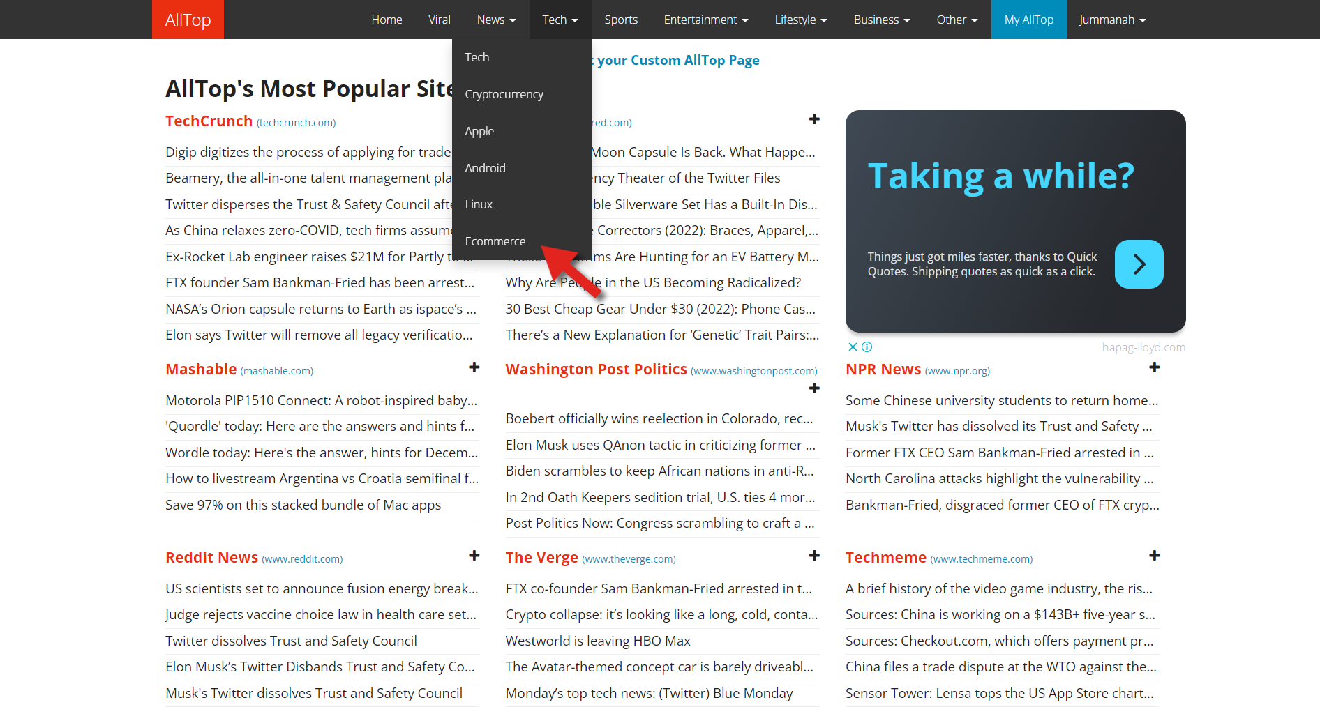 A screenshot of how to use AllTop to get research topics for content curation