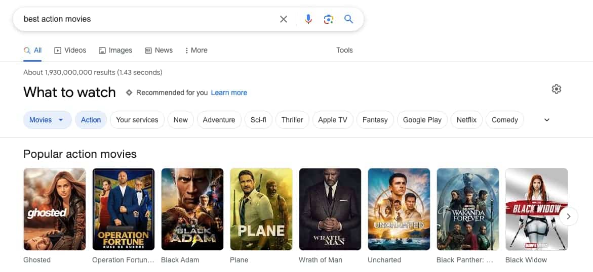 The best action movies displayed in a carousel rich result format.