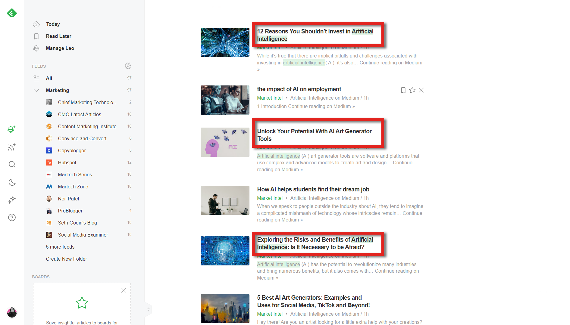 A screenshot of how to use Feedly in content curation