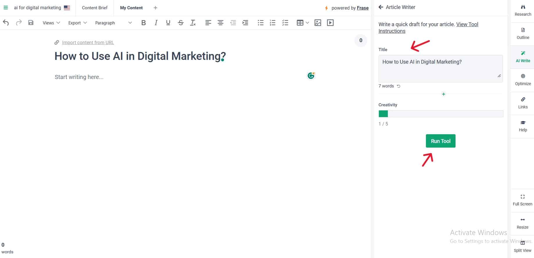 Run a command to write AI content inside frase.io