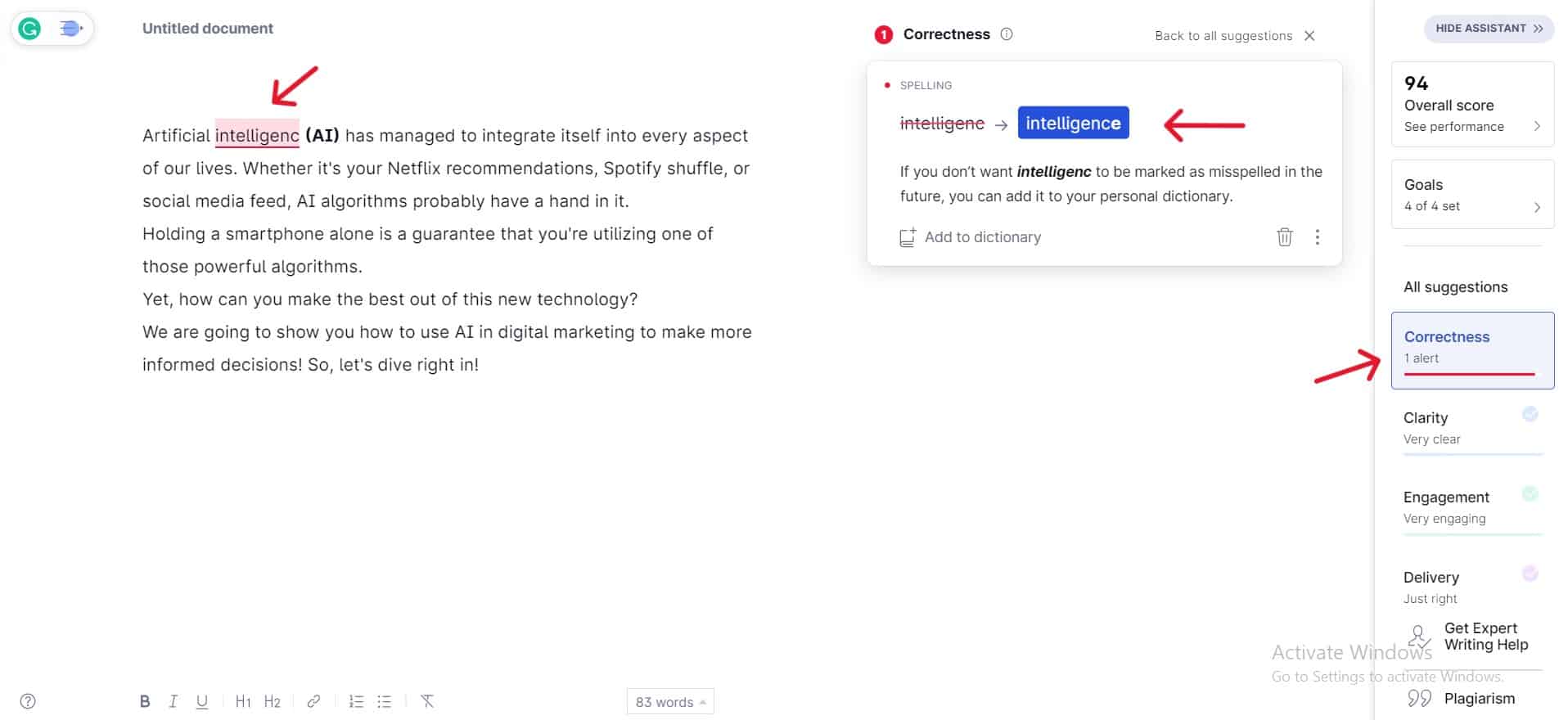 Example for spelling suggestions in Grammarly