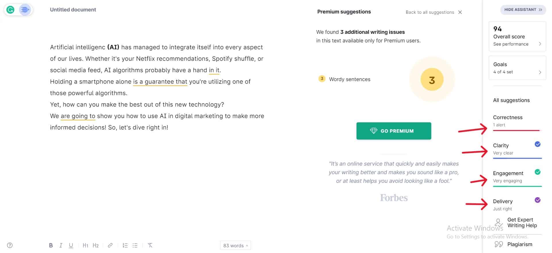 Suggestions based on different metrics in Grammarly