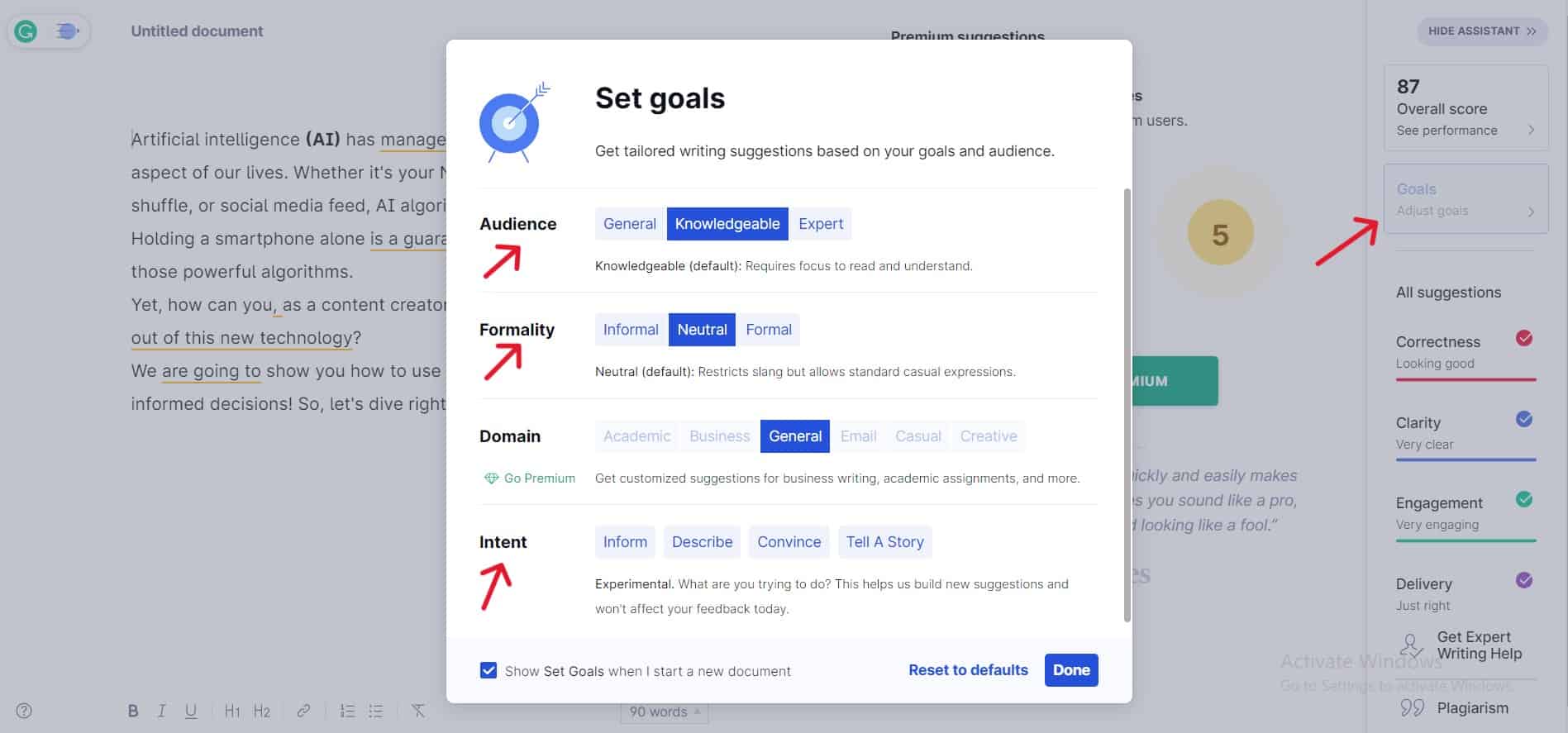 Writing Goals in Grammarly
