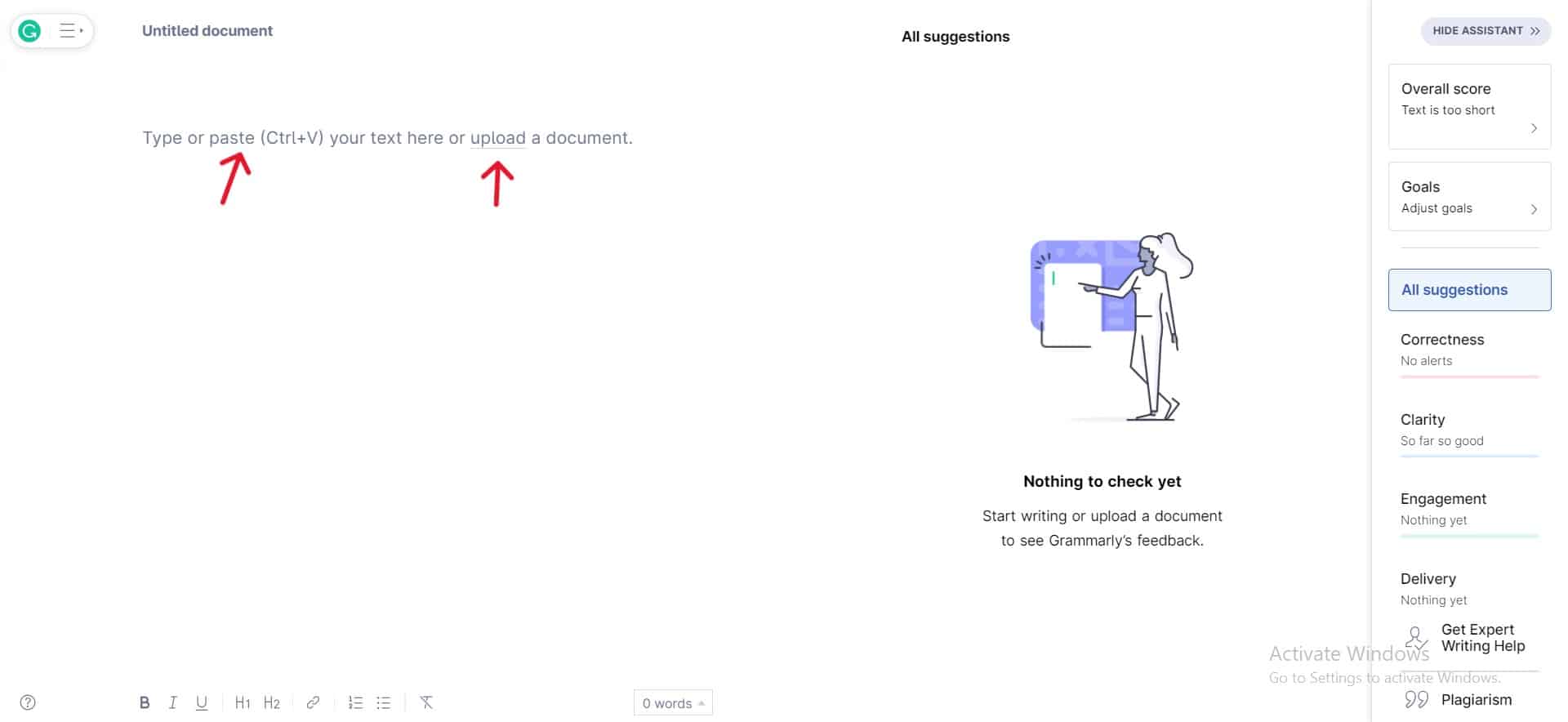 Write, paste or upload content to Grammarly
