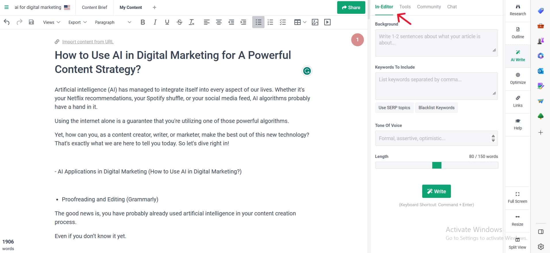 In-Editor AI tool inside Frase.io