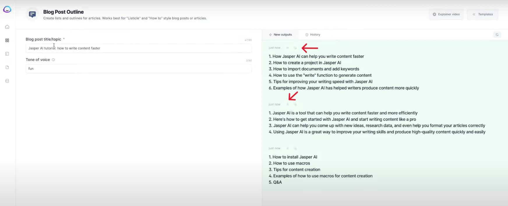 Blog Post Outlines Examples generated by Jasper.ai