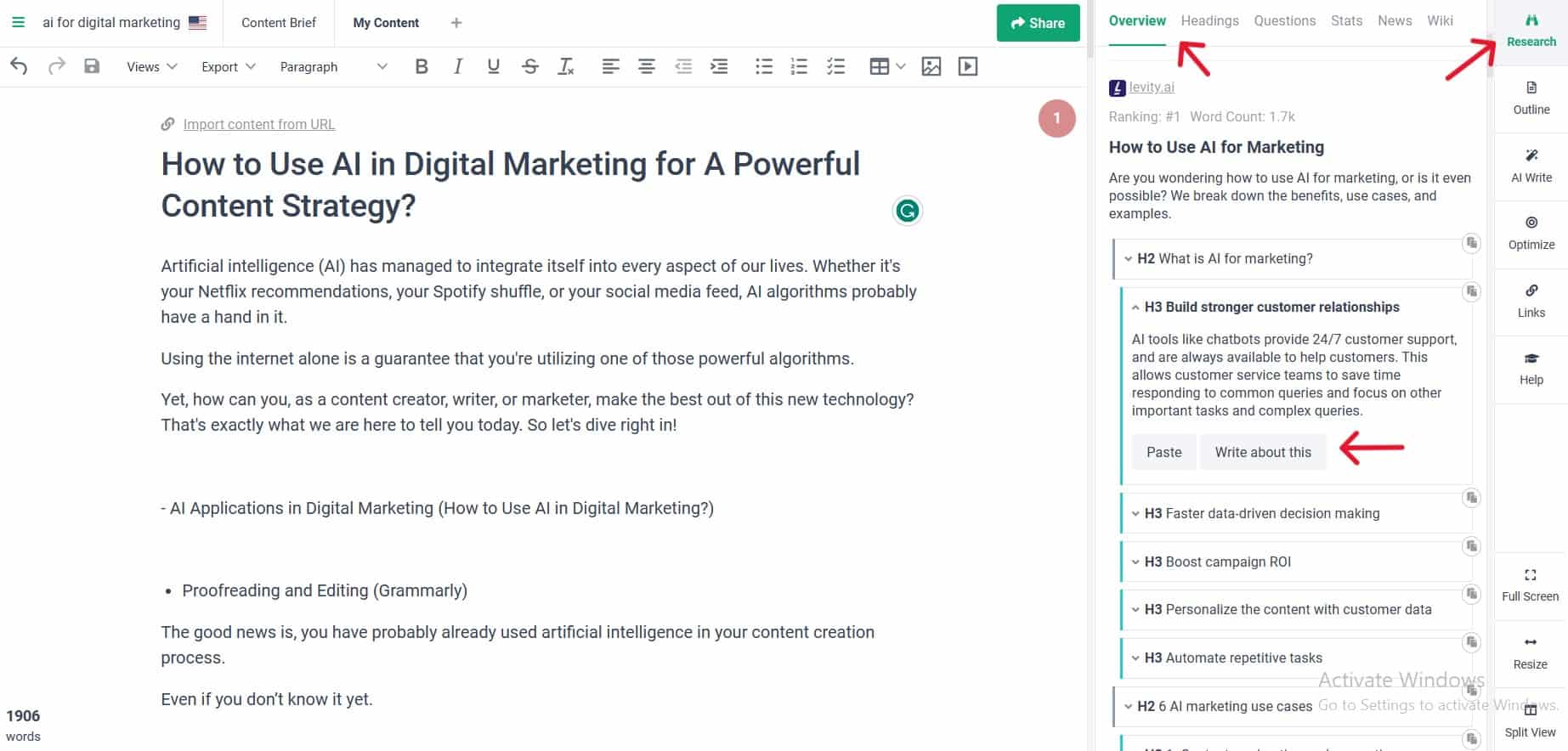 "Write about this" AI tool inside Frase.io