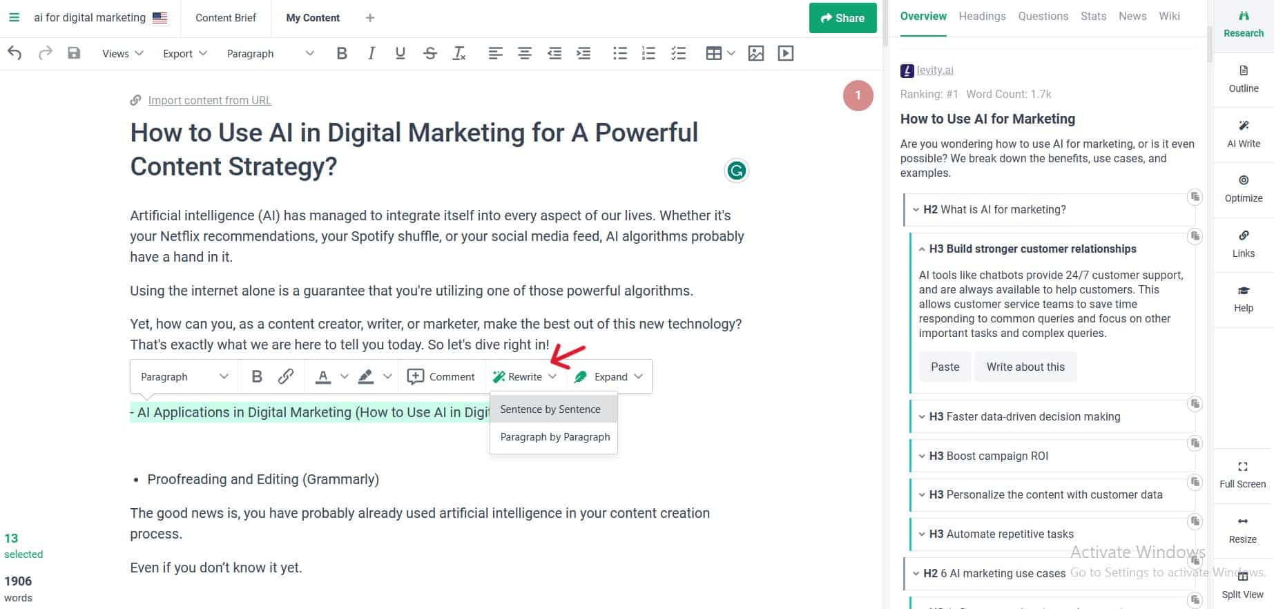 Inline rewrite option inside Frase editor