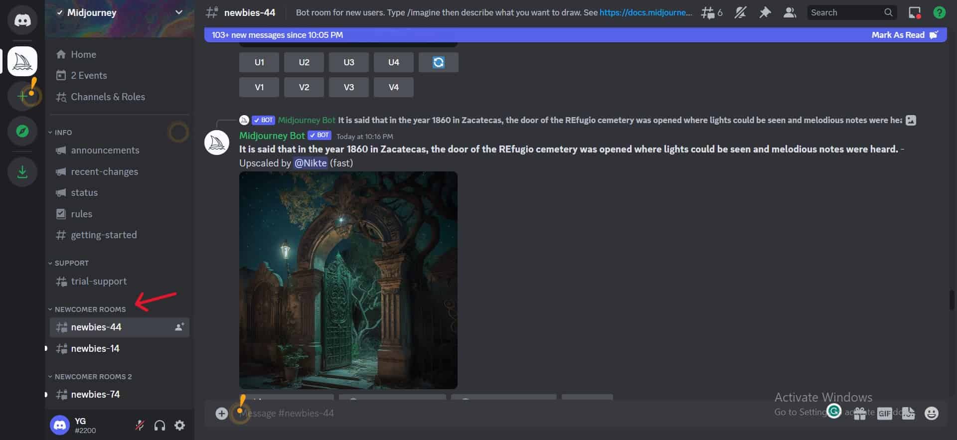 Newcommer Rooms inside Midjouney Discord Server