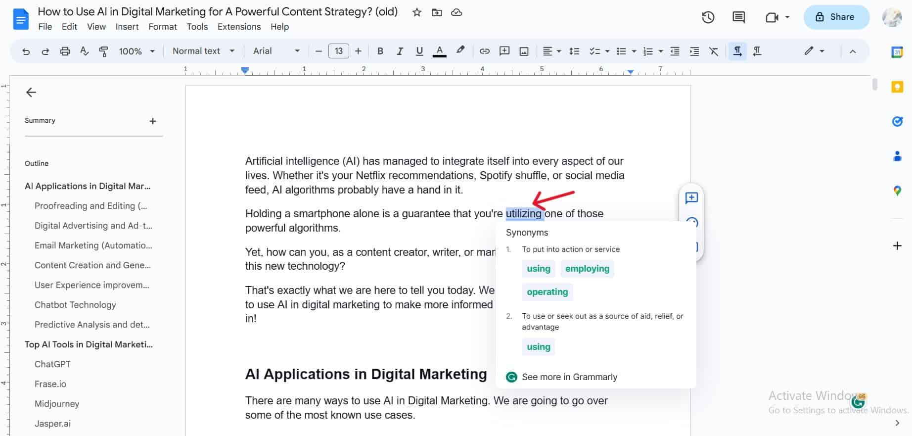 Example of using synonyms feature in Grammarly