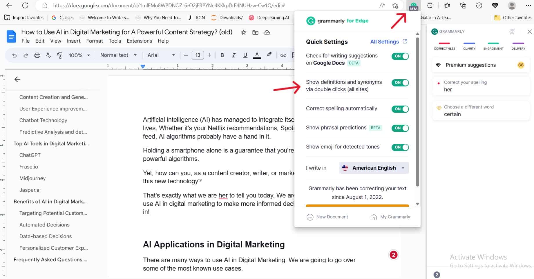 Activate definitions and Synonyms features in Grammarly