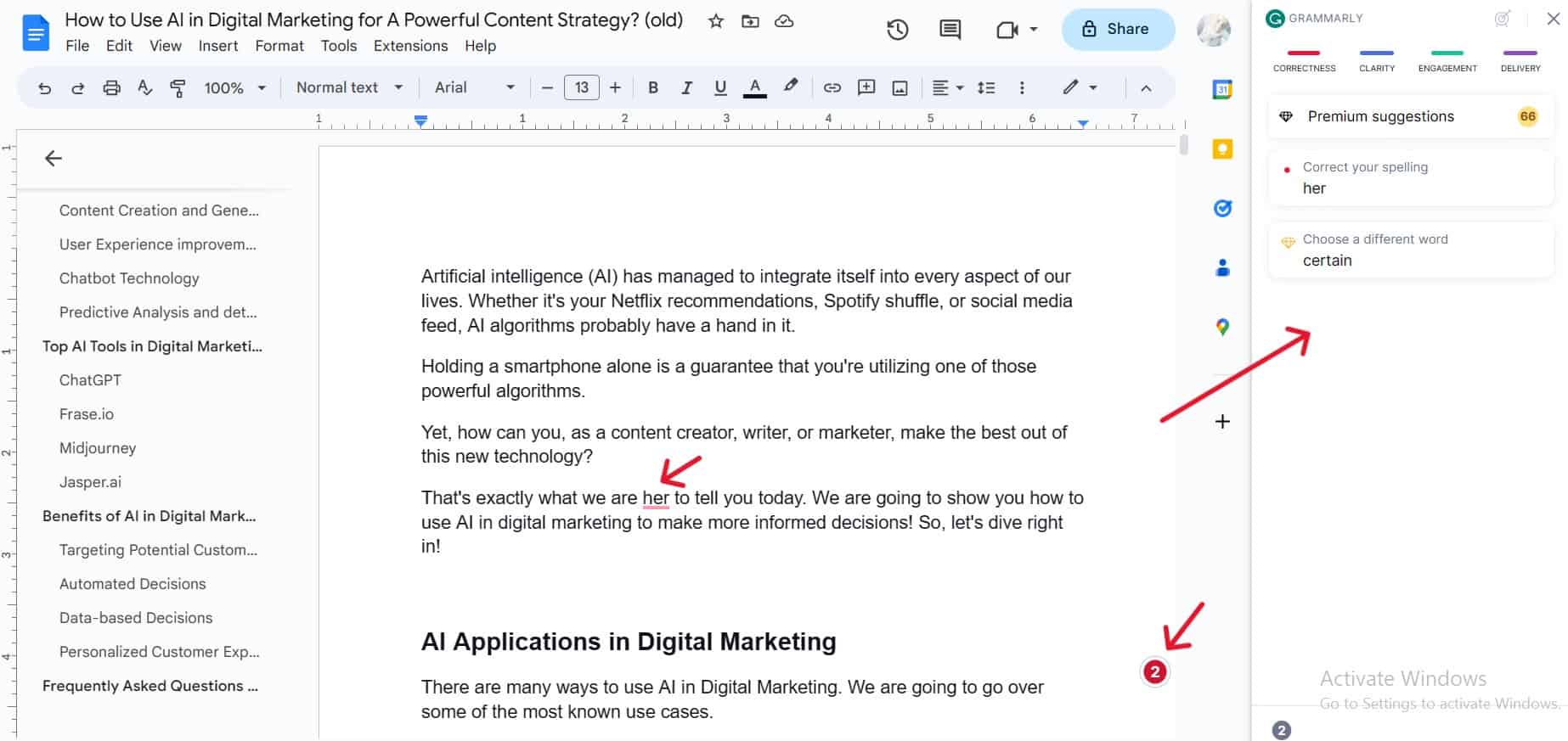 Example of using Grammarly inside Google Docs