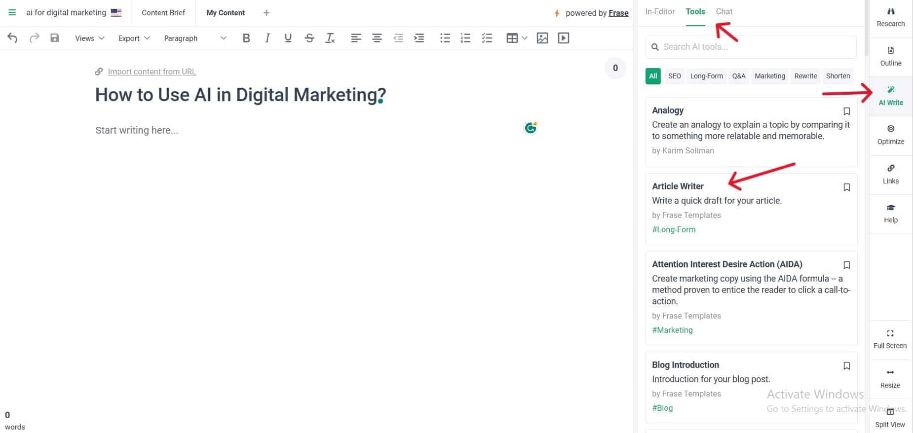 Article Writers - One of Frase.io's tools
