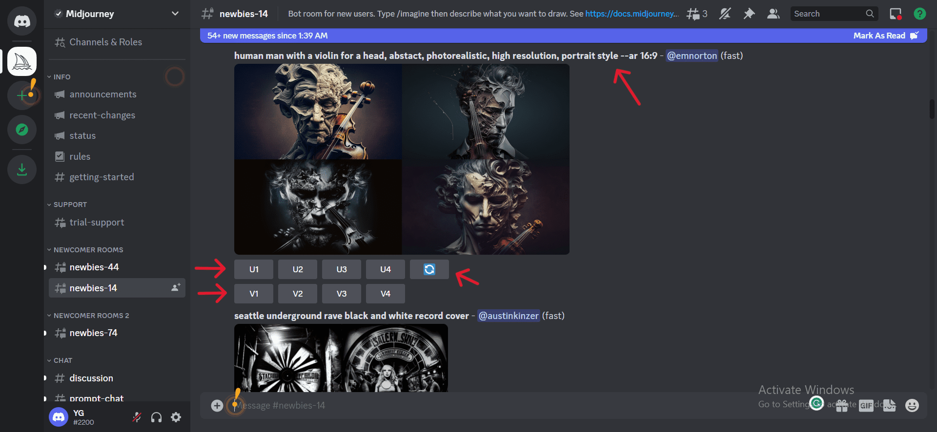 Options in MidJounrey based on prompt and results.